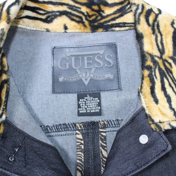 GUESS Black Denim Jacket with Animal Print Trim - Picture 2 of 12